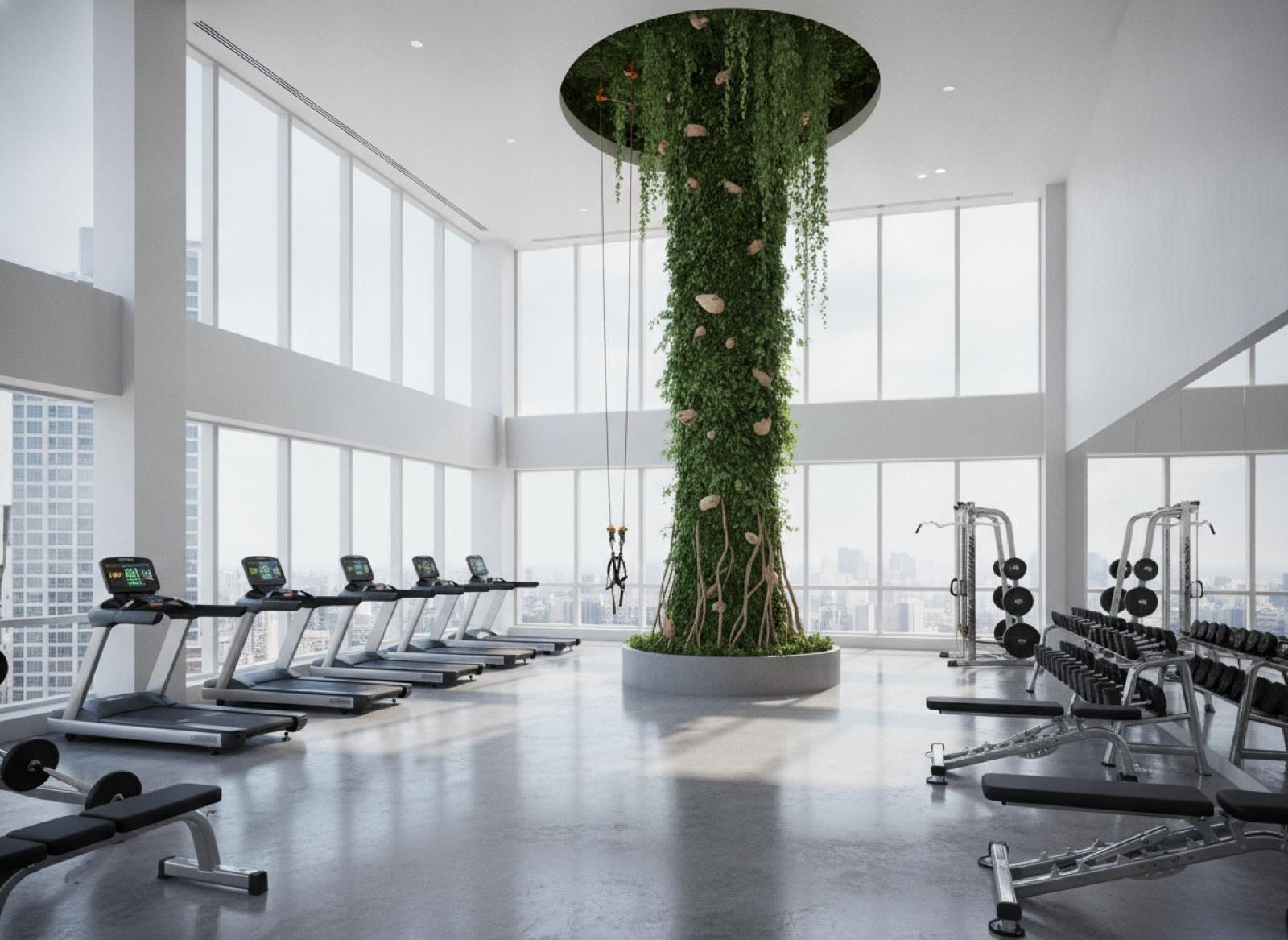 Modern fitness center with an enormous climbing stem rising through a double-height ceiling