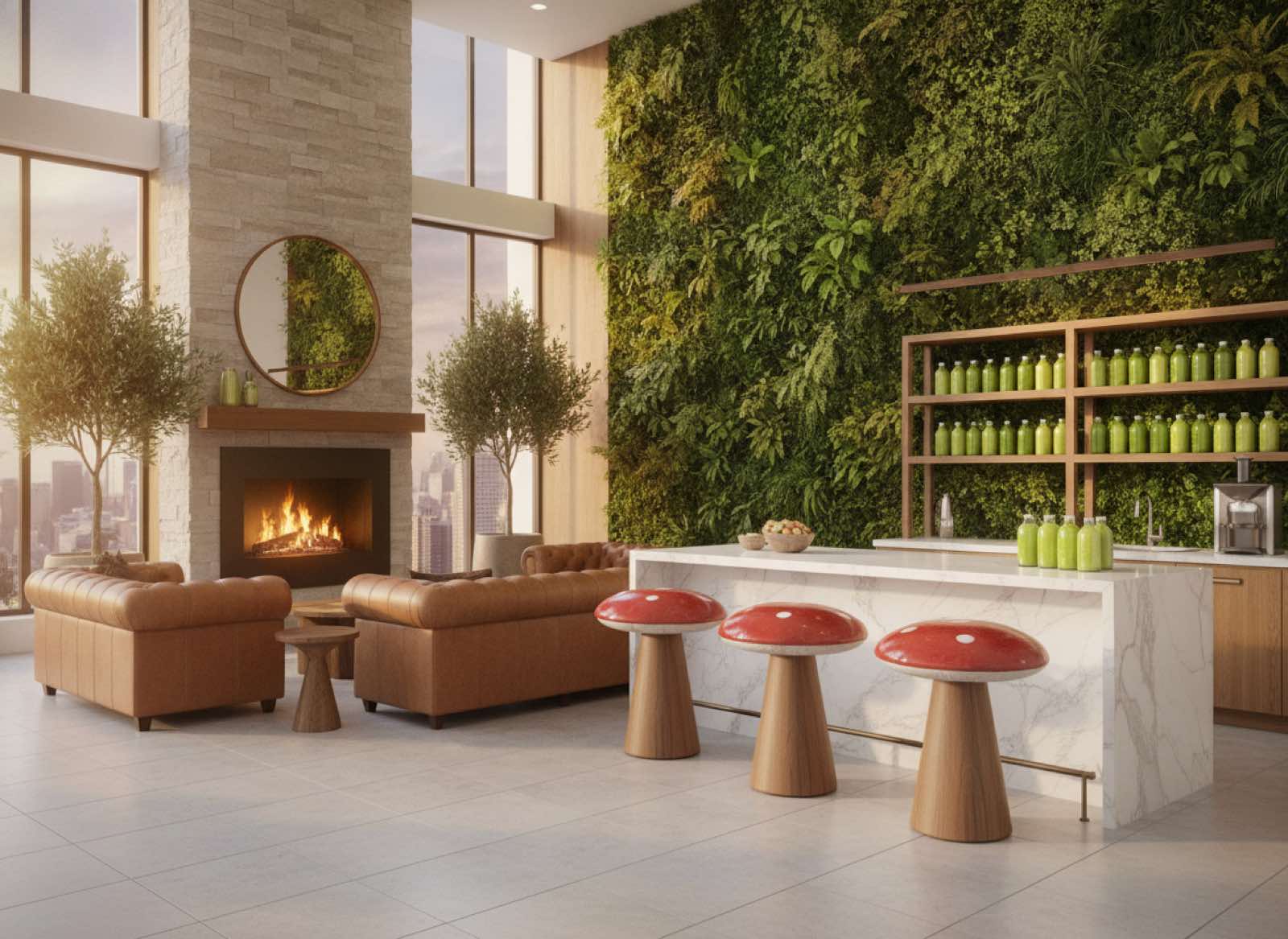 Resident lounge and juice bar with a living green wall and toadstool bar stools