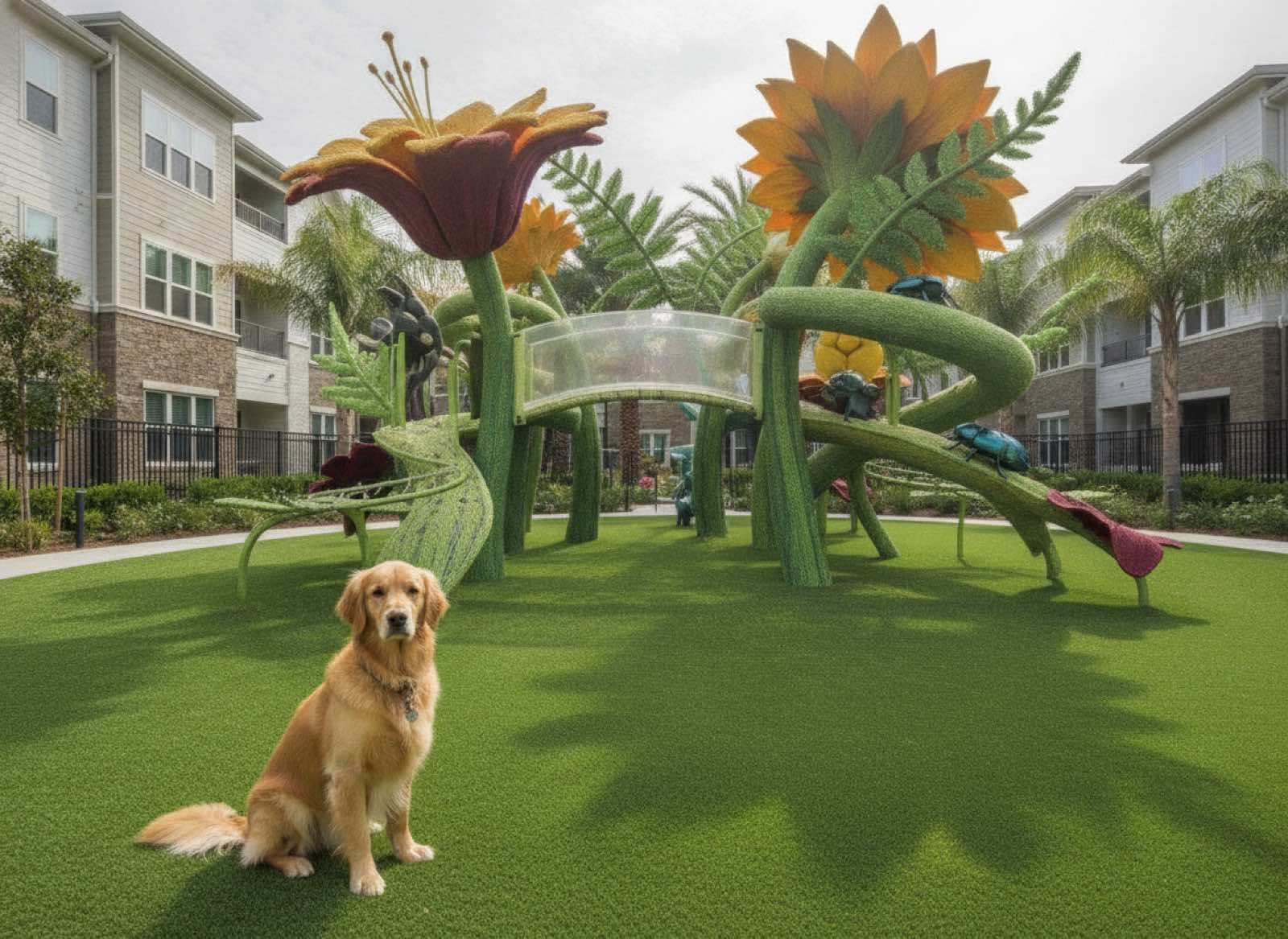 Pet park where a golden retriever sits politely beside a giant flower-and-stem beetle playground