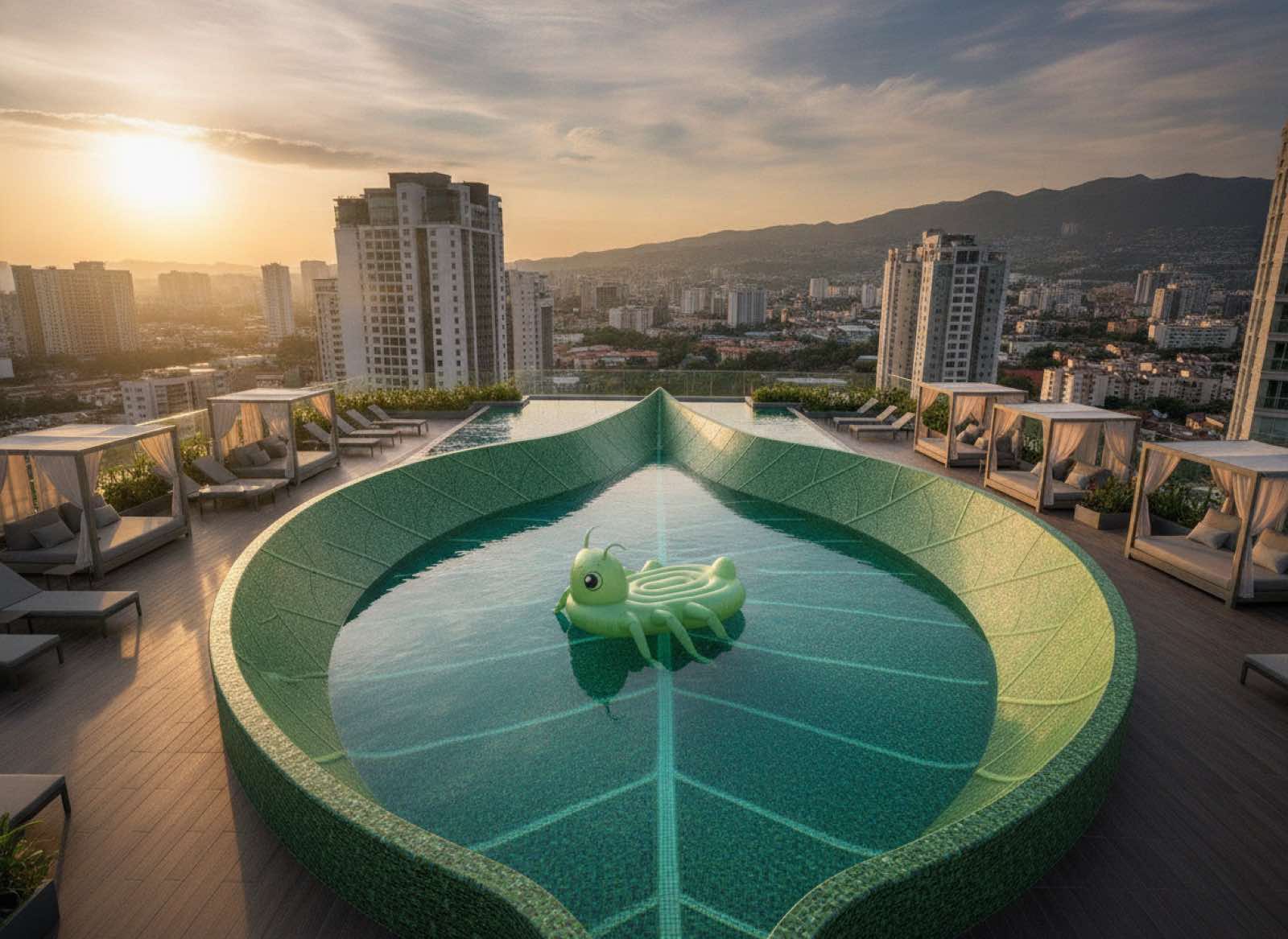 Rooftop pool shaped like a curled green leaf holding a single dewdrop, with one oversized inflatable