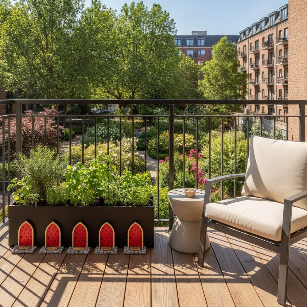 Balcony planter box lined with a row of tiny arched red spotted doors, each with its own welcome mat and cobbled doorstep