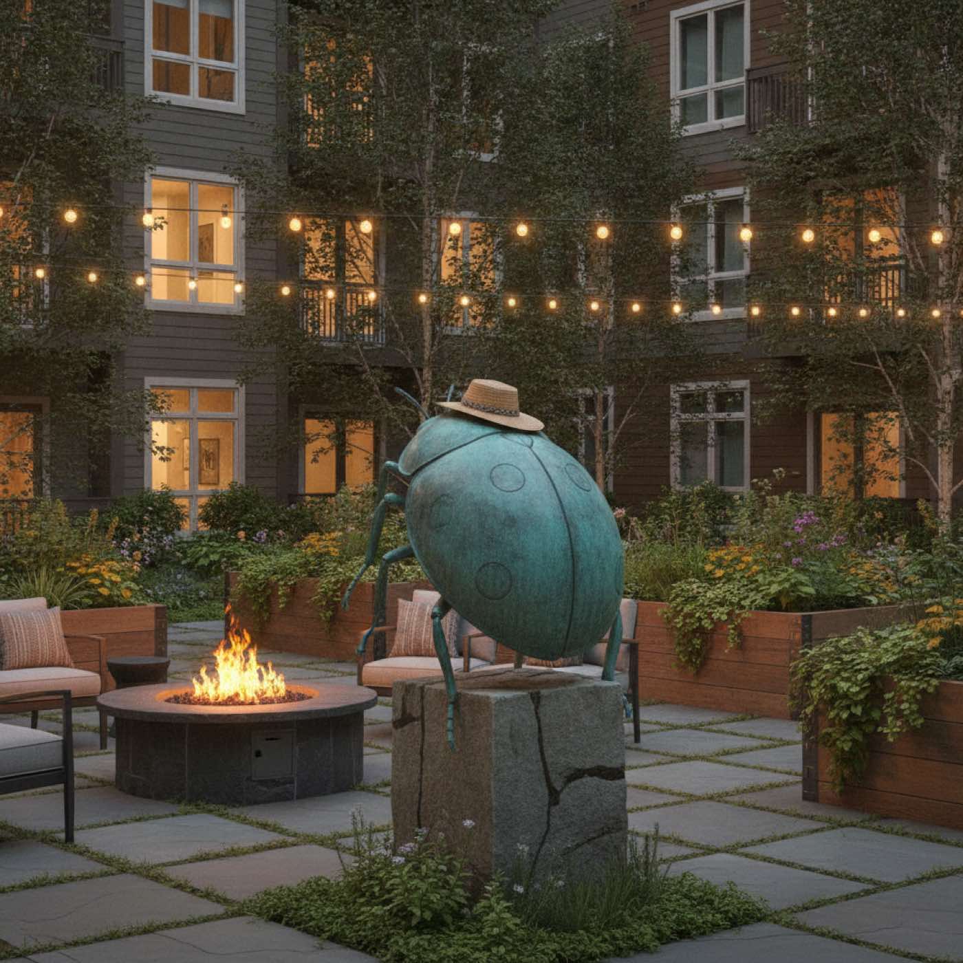 Courtyard at dusk with a patinated bronze ladybug sculpture on a stone plinth, wearing a straw gardener's sun hat