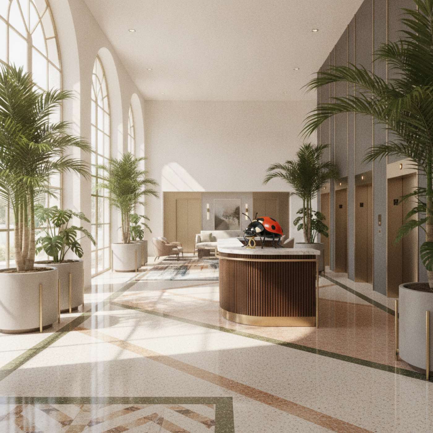 Lobby concierge desk staffed by a small red-and-black ladybug wearing a name badge