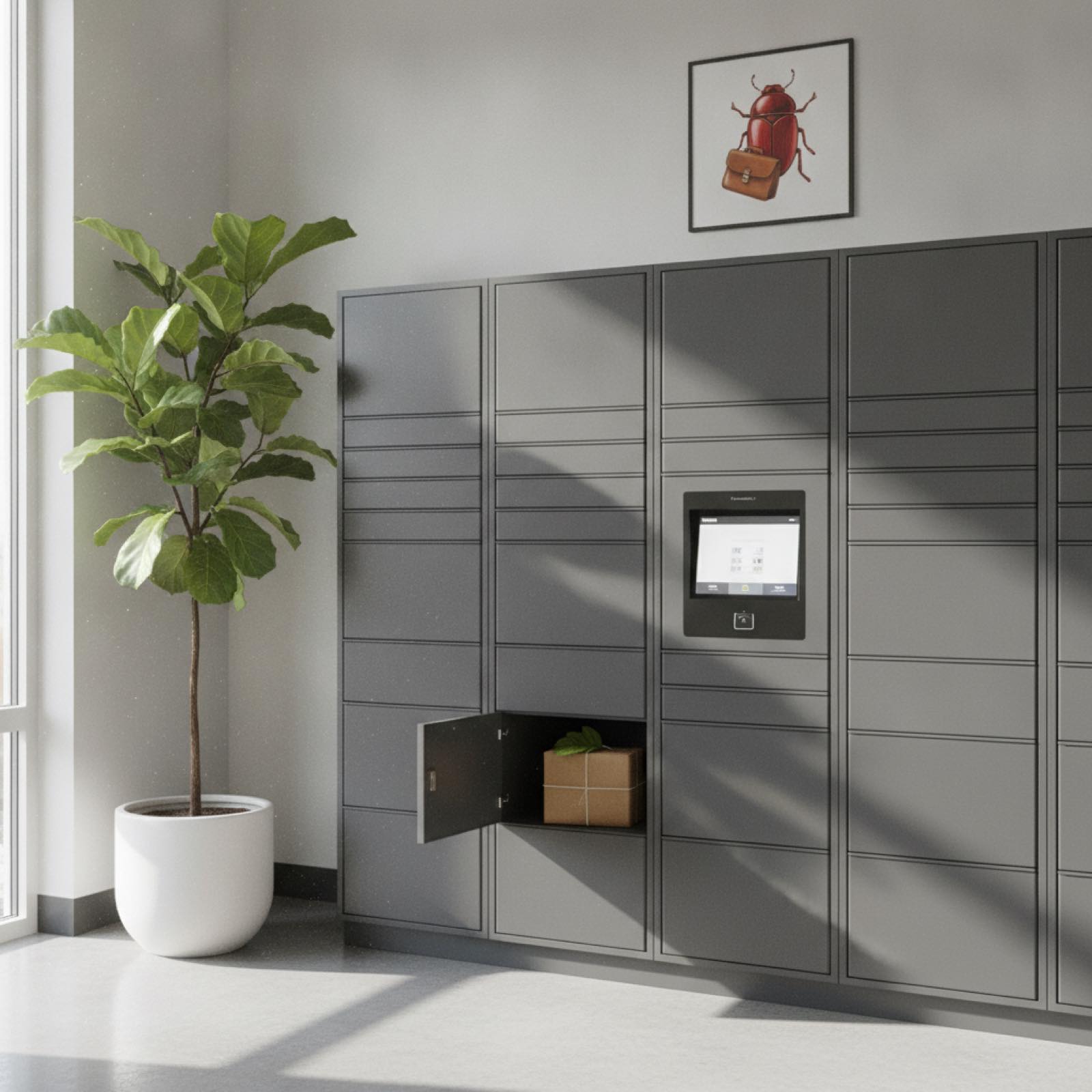 Package room with smart lockers and a sign showing a beetle carrying a satchel