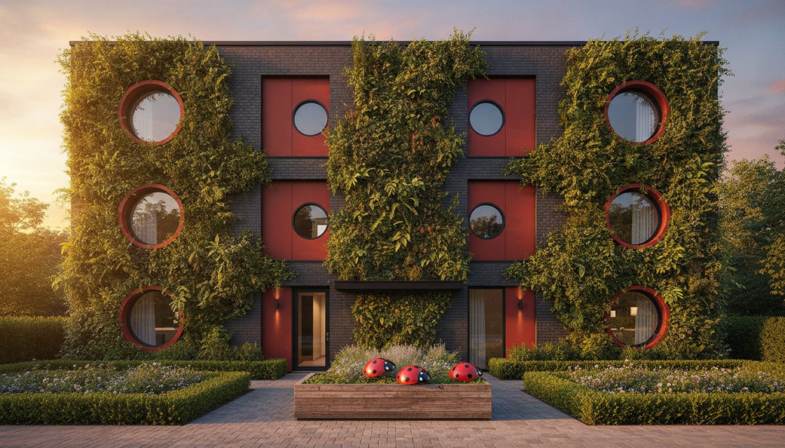 Ladybug Lofts at golden hour: a red-and-charcoal garden loft building with round windows and living green walls, with three ladybugs on the entrance planter