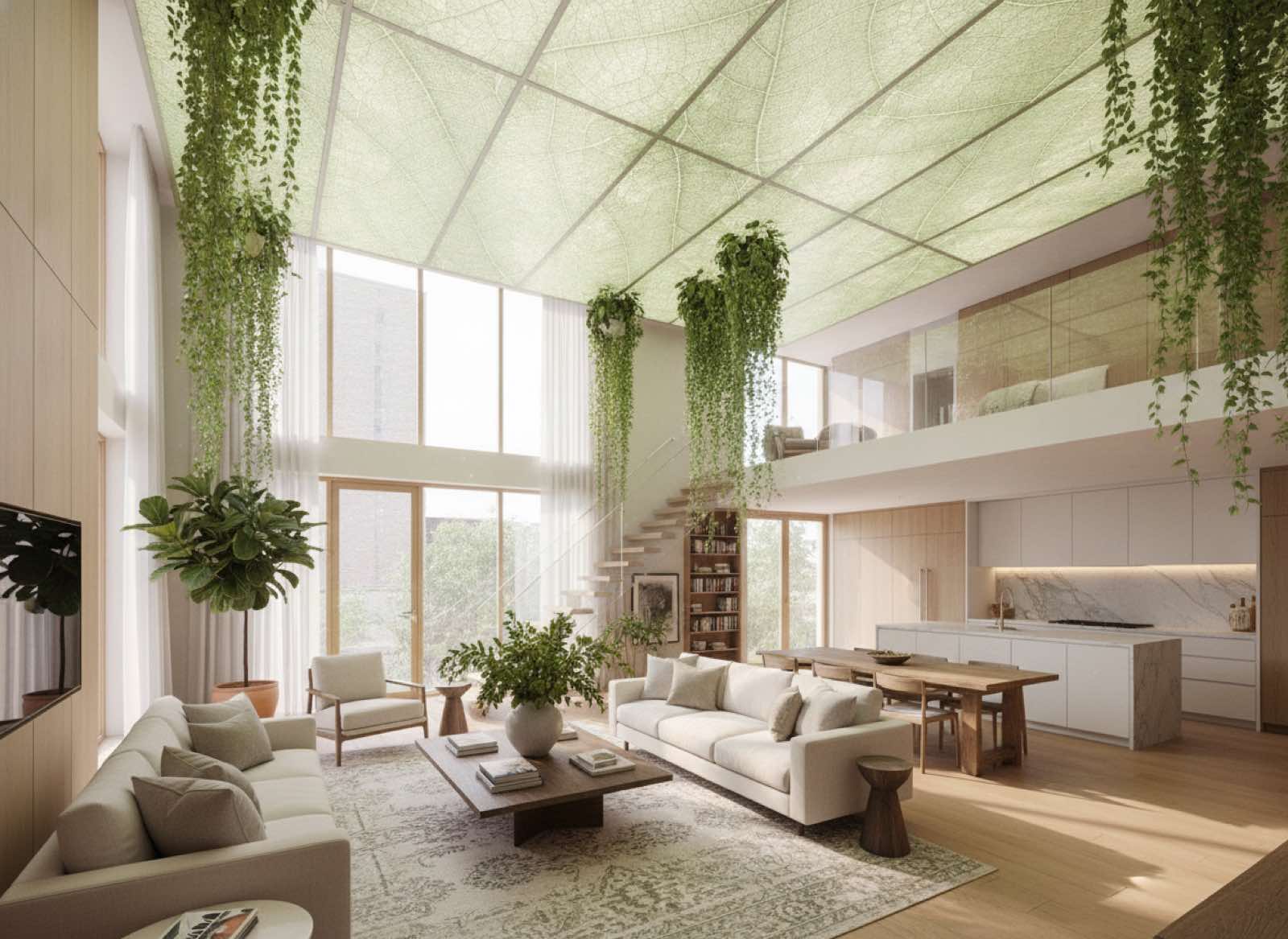 Spacious two-bedroom with a double-height living room under a translucent leaf-vein ceiling full of hanging plants