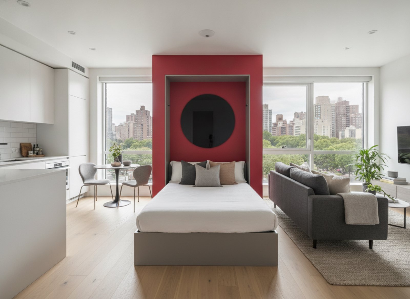 Cozy studio with a Murphy bed whose headboard is one enormous glossy black circle